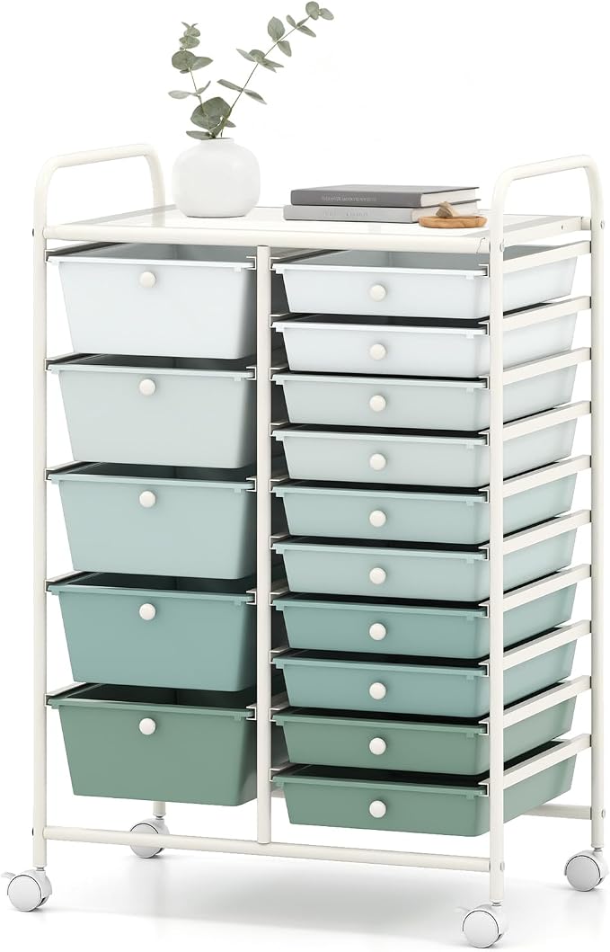 DORTALA 15-Drawer Rolling Storage Cart with Drawers, Rolling Utility Cart w/Removable Drawers & Universal Wheels, Tools Scrapbook Paper Organizer for School, Office, Home, Classroom (Gradient Green) by DORTALA