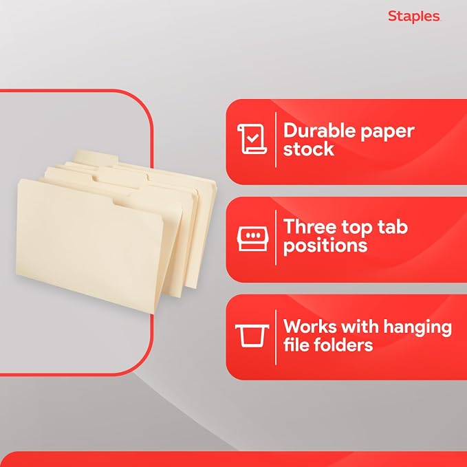 Staples Recycled File Folders, Legal Size, 1/3-Cut Tabs, Manila, 100/Bx | Manila stock with durable tabs for everyday document organization. - Image 4