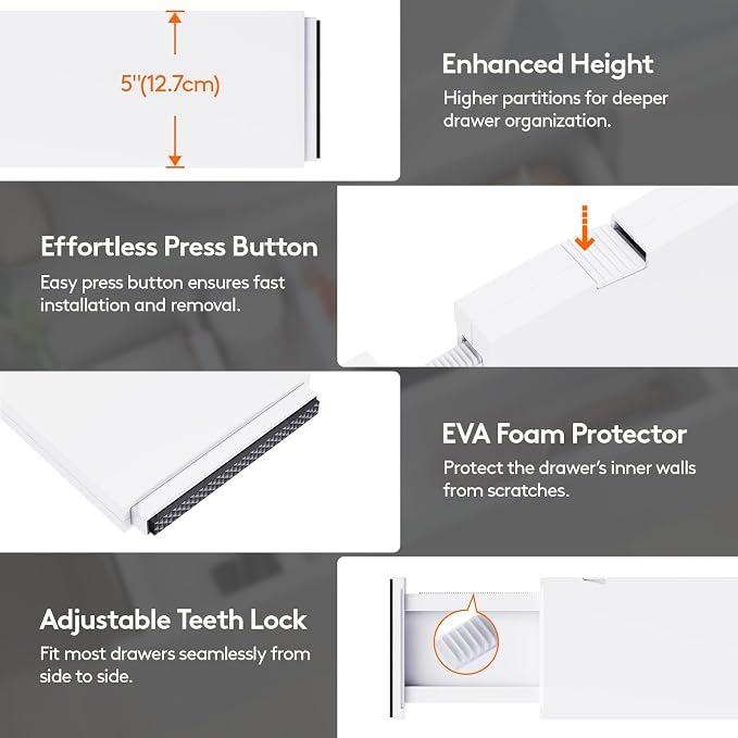 Lifewit 5" Tall Upgrade Drawer Dividers, Adjustable Deep Drawer Organizer | 16 Pack 13.5"-22" Expandable White Drawer Separator for Clothes, Dresser/Kitchen/Closet/Bedroom/Office Organization & Storage - Image 6