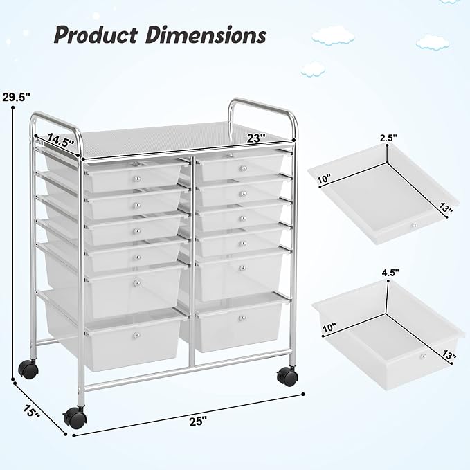 COSTWAY 12-Drawer Rolling Storage Cart, Moveable Art Craft Organizer | Lockable Wheels, Metal Shelf, Files Arrangement Tools Makeup Storage Cart for Office, Home, School (Clear) - Image 3