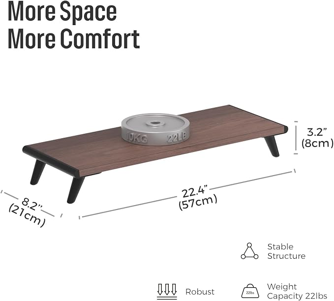 loukin Monitor Stand Riser for Desk, 22.4" × 8.2" Computer Stand, Brown | Supports 22 lb, No Installation Required, Water-Resistant Surface, Fits Laptops and Printers, Ergonomic Design - Image 2