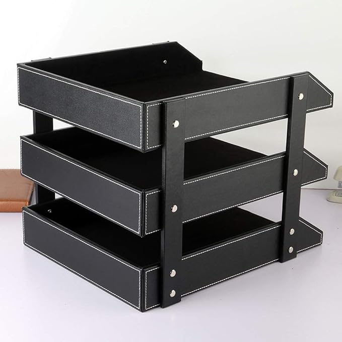Leather Desk File Organizer, 3-Layer Stackable Tray, Used to Store documents, folders, Stationery, Magazines, Newspapers, Letters, and Other Home Office Sundries Desktop Organization Holder(Black)… - Image 4