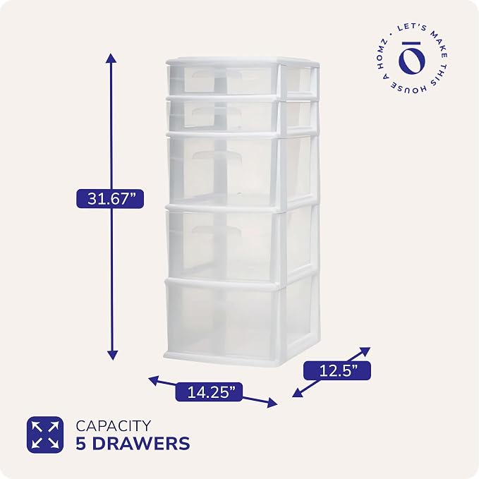 HOMZ 5-Drawer Storage Cart, Clear Plastic Drawers, 14.25" Wide Medium, White Frame - Organizing Drawer Containers for Home, Bathroom, Office, and Classroom - Image 3