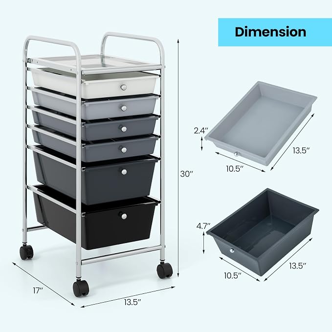 COSTWAY 6-Drawer Rolling Storage Cart, Art Craft Tools Organizer on Wheels | Multifunctional Heavy Duty Utility Mobile Storage Trolley w/ 2 Lockable Wheels for Home Office School (Mixed Black) - Image 3
