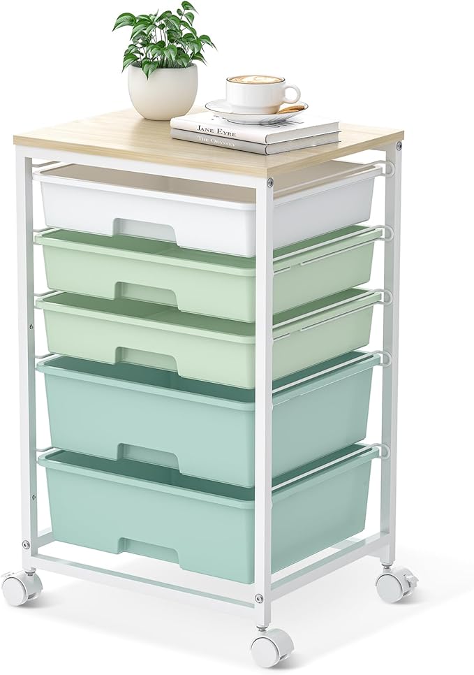 SYKIARIOL Rolling Cart with Drawers,5 Drawers Storage Cart,Light Green | 5-Tiers Utility Cart with Drawers with Lockable Wheels for Craft Organizers and Storage,Home Office,Classroom,Dorm,Playroom by SYKIARIOL