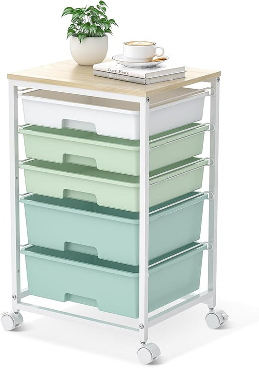 SYKIARIOL Rolling Cart with Drawers,5 Drawers Storage Cart,Light Green | 5-Tiers Utility Cart with Drawers with Lockable Wheels for Craft Organizers and Storage,Home Office,Classroom,Dorm,Playroom by SYKIARIOL