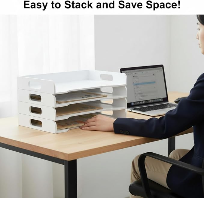 Wooden Stackable Paper Trays 4-Tier Wooden Paper Organizer for Desk Letter Documents Woodens Desktop File Organizers for Desktop File Holder and Office Supplies Rack for Home Office Use(White) - Image 6