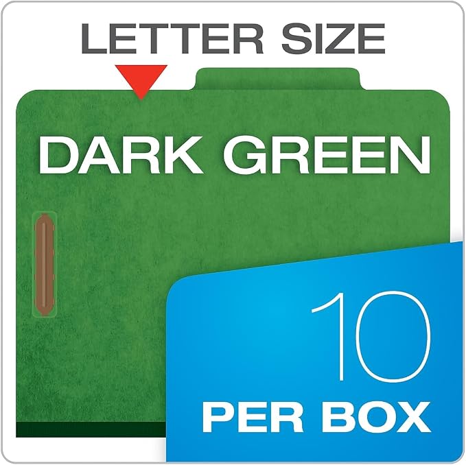 Globe-Weis Colored Classification Folders, 2/5 Cut Tab, 2 Dividers, Embedded Fasteners, Letter Size, Dark Green, 10 Folders Per Box (24133) - Image 2