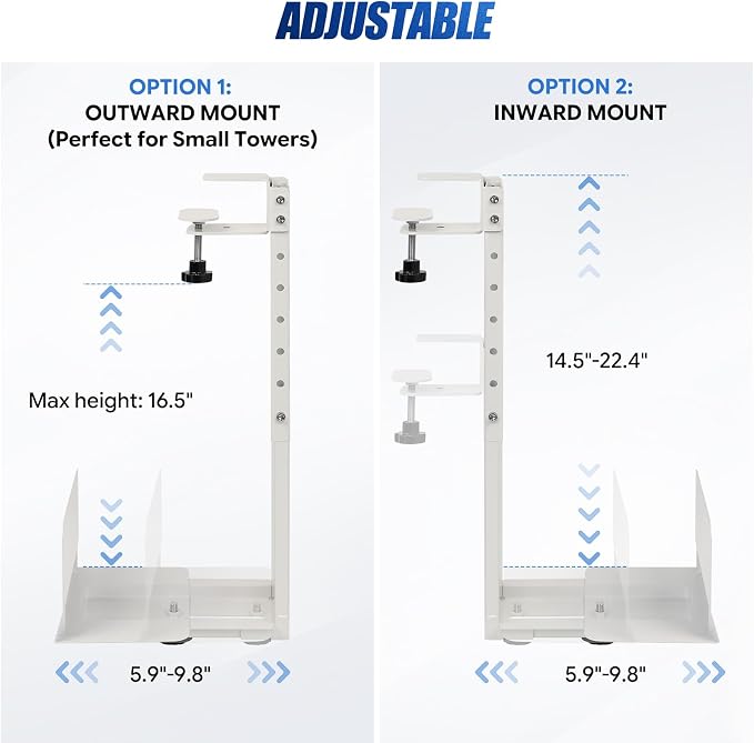 Adjustable Under Desk PC Mount, Heavy Duty No Drilling Clamp Mount on Desk Fits Most PC Tower 14.5”-22.4” (H) , Thickened & Ultra Strong CPU Holder for Standing Desk & Home Office, White - Image 4