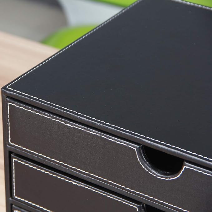 High-end PU Leather Desk Organizer File Cabinet Executive Office Supplies Desktop Filing A4 File Cabinet Stackable Storage Organizer Box with 3 Drawers (Black)… - Image 6