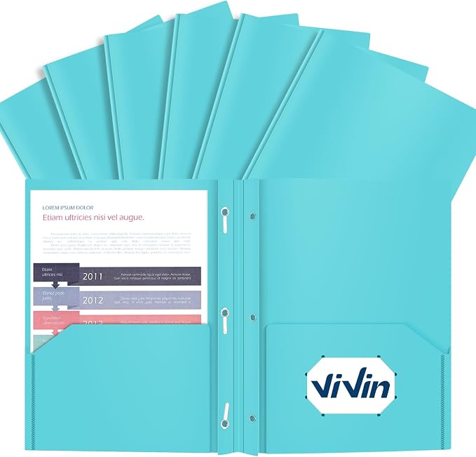 ViVin 12 Pack Plastic Folders with Pockets and Prongs, Heavy Duty 2 Pocket Folders with 3-Prong Fasteners, Poly File Holds 8-1/2" x 11" Paper for School Office Home (Lake Blue) by ViVin