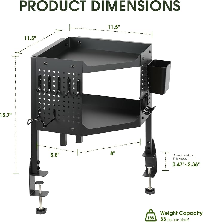 2-Tier Metal Clamp On Desk Shelf, Desk Organizer with 2 Pegboards and Hooks | Heavy Duty Corner Desk Shelf with Removable Pegboards Headphone Holder Pencil Cup and Hooks for Desk organizers Accessories - Image 2