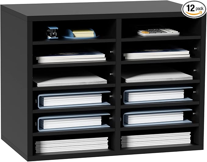 VEVOR Literature Organizers, 12 Compartments Office Mailbox with Adjustable Shelves，Wood Literature sorter 20.4x12x16.1 inches for Office, Home, Classroom, Mailrooms Organization, EPA Certified Black by VEVOR