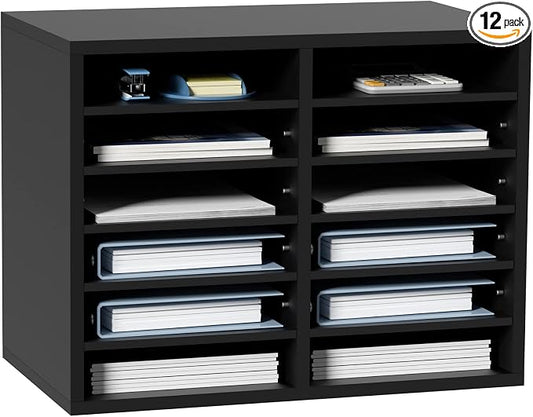 VEVOR Literature Organizers, 12 Compartments Office Mailbox with Adjustable Shelves，Wood Literature sorter 20.4x12x16.1 inches for Office, Home, Classroom, Mailrooms Organization, EPA Certified Black by VEVOR