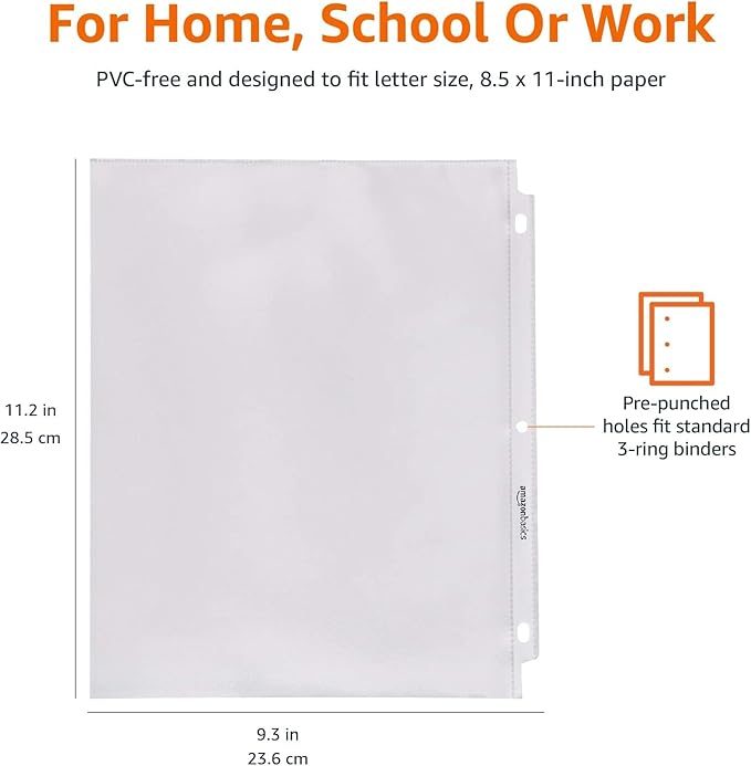 Amazon Basics Sheet Protectors for 3 Ring Binder, Non-Glare, Top Loading, Letter Size 8.5 x 11 in, Clear Plastic Sleeves, 100-Pack - Image 6