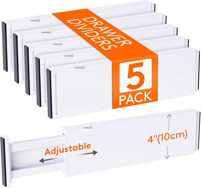 Lifewit 4" High Upgrade Drawer Divider, Adjustable Drawer Organizer Clothes | 13.5"-22" Expandable Plastic Drawer Separator for Dresser, Kitchen, Closet, Nursery, Office Organization & Storage, 5 Pack by Lifewit