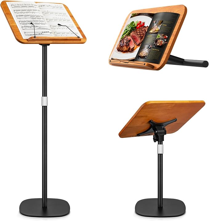 2 in 1 Dual-use Music Stand & Desktop Book Stand, Adjustable Height 16.5"-51", 100% Solid Wood Laptop Floor Stand Book Holder with Elastic Page Clips for Cookbooks (Brown) by Unknown