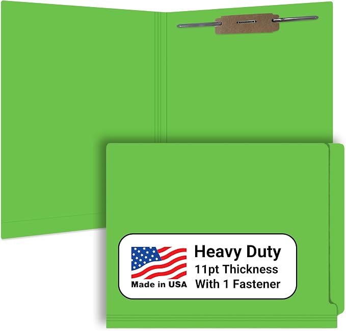 Green File Folders, USA Made, Doctor Stuff, One 2" Bonded Fastener Top Right Position 1, Durable 11pt, Reinforced End Tab File Folders with Prong, Medical Charts/Patient Chart, 50/Box by DoctorStuff