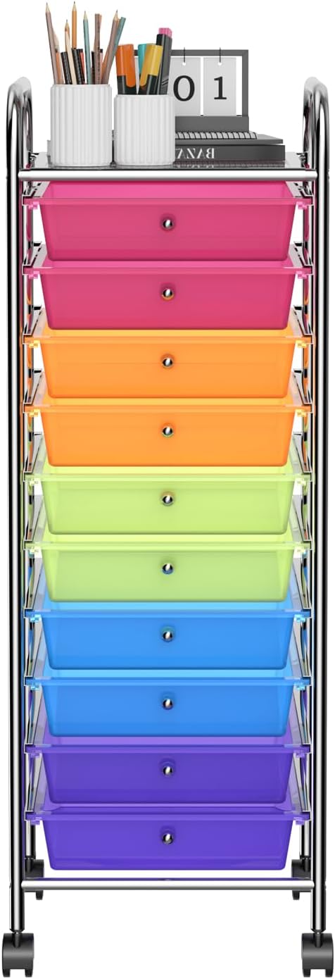 Storage Cart, Rolling Utility Cart with 10 Drawers, Portable Handles & Lockable Wheels, Mobile Paper Toys Storage Organizer Large Capacity for Home Office School Teacher (Rainbow) by OFFICEJOY