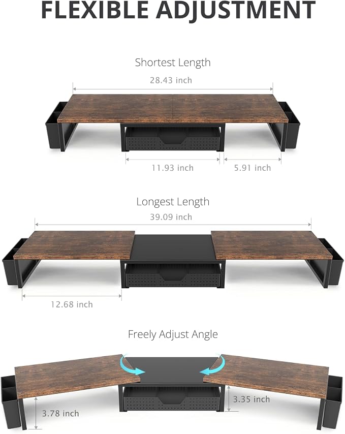 Desk Organizers and Accessories, Dual Monitor Stand Riser with Drawer and 2 Pen Holders, Desk Shelf Computer Racks for Office Workspace Organizers, Desktop Organization (Rustic Brown) - Image 7