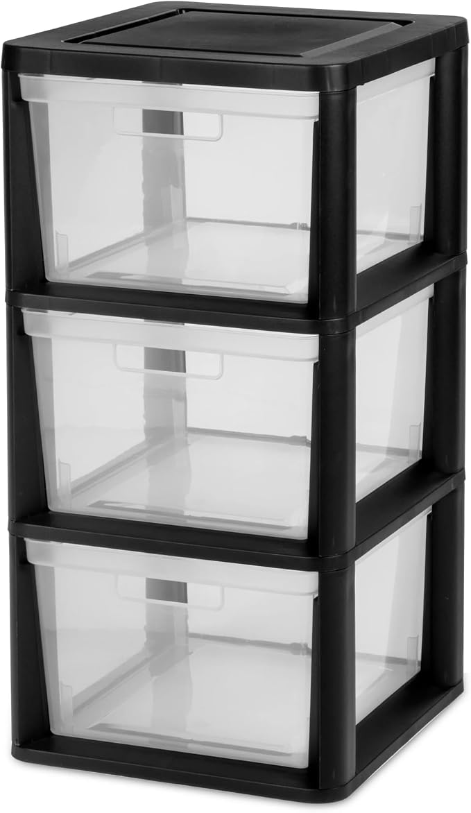 Plastic Drawer Wide Tower Plastic Storage Cart with Clear Pull Out Drawers, Black (Black, 3 Drawer Wide Tower) by Unknown
