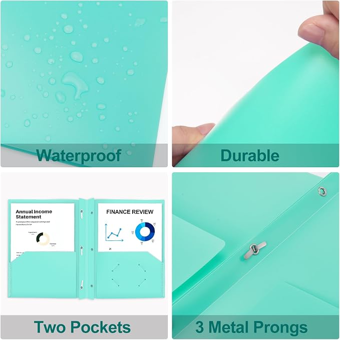 ViVin 12-Pack Pastel Color Folders - Durable Plastic Folders with 2 Pockets and 3-Prong Fasteners, Cute for School, Home and Office (Light Green) - Image 5