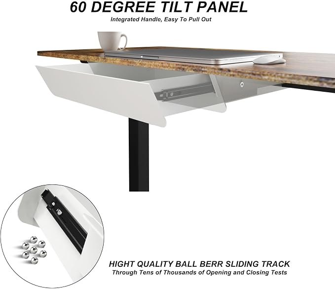 White Under Desk Mounted Sliding Drawer with 60 Degree Tilt Panel to pull out, 15'' long & 9'' deep Large Storage Organizer for Sit Stand Workstation - Image 6