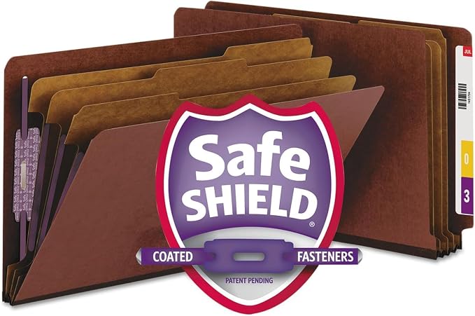 Smead 100% Recycled End Tab Pressboard Classification File Folder with SafeSHIELD Fasteners, 3 Dividers, 3" Expansion, Legal Size, Red, 10 per Box (29865) by SMEAD