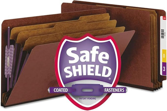 Smead 100% Recycled End Tab Pressboard Classification File Folder with SafeSHIELD Fasteners, 3 Dividers, 3" Expansion, Legal Size, Red, 10 per Box (29865) by SMEAD