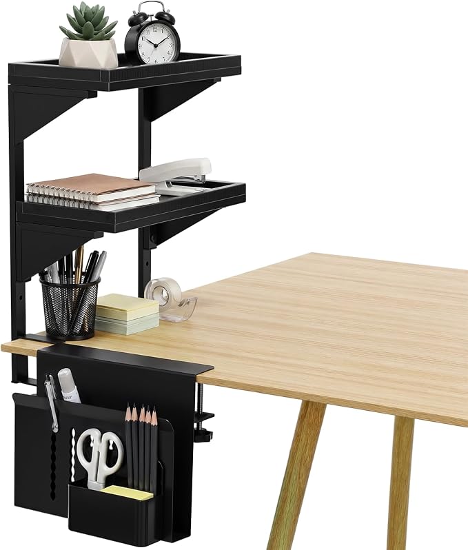 Chumia 2 Tier Clamp on Desk Clamp on Laptop Mount with Pen Holder Desktop Shelves Organizer Desktop Organizer Desk Organizers and Accessories Table Extender Attachment Shelves for Home Office by Chumia