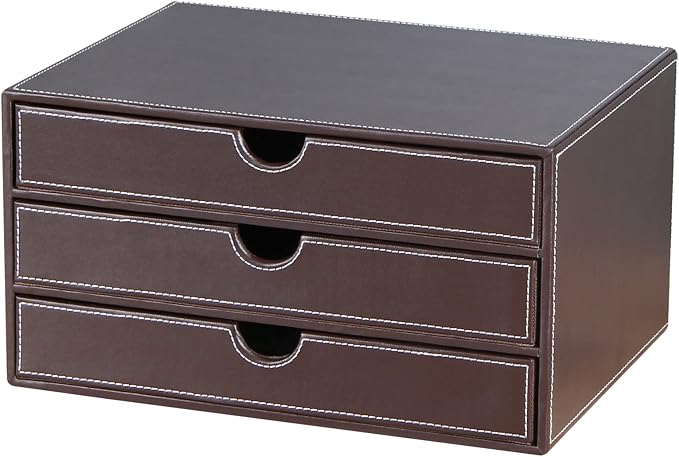 Stackable 3-Drawer Desk Organizer, Executive Office Supplies Desktop Filing A4 File Cabinet/Holder, Leather Storage Box for Document/Paper/Home Decor Accessories (brown)… by RHCSZ