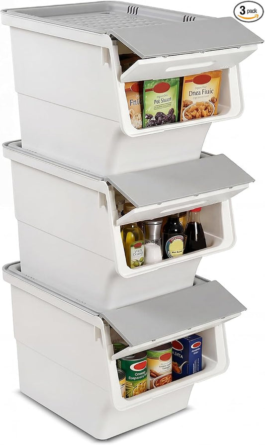 GIANTEX 3 Pack Plastic Stackable Storage Bins with Lids & Wheels, 12.5 QT | Open Front Stacking Bins, Organizer Bins for Pantry, Kitchen, Laundry, Closet, Playroom, Bedroom Organization by Giantex