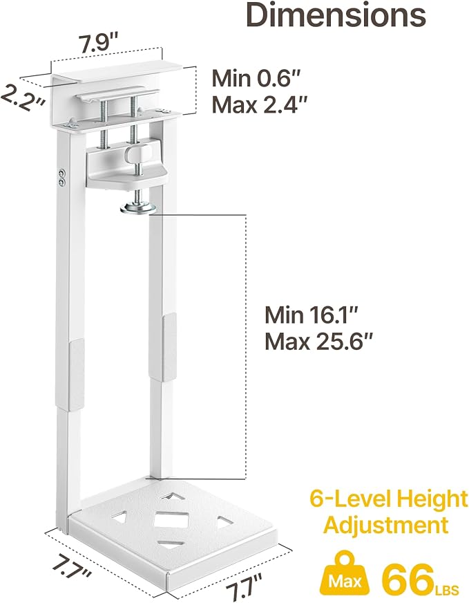 monTEK Clamp-On Under Desk PC Mount, 16.1-25.6", 66 lbs, White | No-drill CPU holder, ventilated steel frame, adjustable fit and clamp-on installation for standing desks and home offices - Image 9