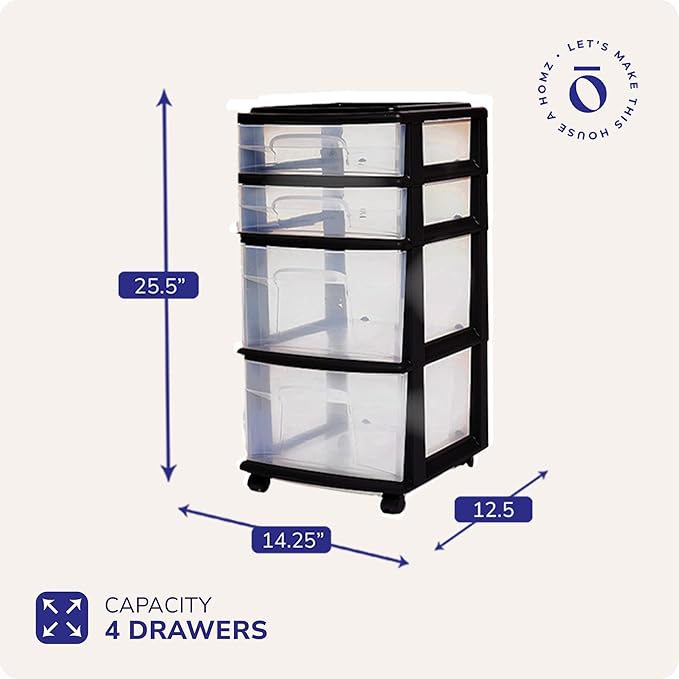 HOMZ Drawer Tower, 4-Tier Clear Plastic Storage Organizer Cart, Black Frame - Rolling Drawers with Wheels for Desk, Dresser, Cabinet, Bedroom, Bathroom, Closet, Classroom, and Office Organization - Image 3