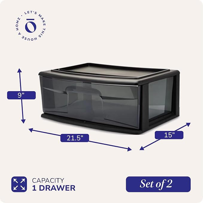 HOMZ 2-Pack 1-Drawer Storage Cart, Plastic Container with Smoke Tint, 15" Wide Body, Black Frame - Organizing Drawer Containers for Home, Bathroom, Bedroom, Office, and Classroom - Image 3