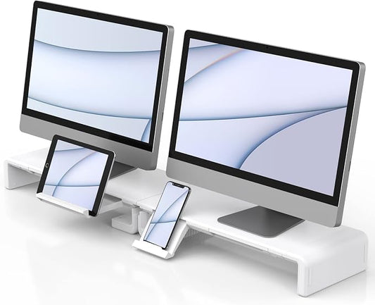 Monitor Stand Riser, Klearlook Foldable Computer Monitor Riser, Height Adjustable Computer Stand, Desk Shelf Riser with Storage Drawer & Tablet Phone Stand for Computer, Desktop, Laptop (White 2 Pack) by KlearlookMaximizedClarity
