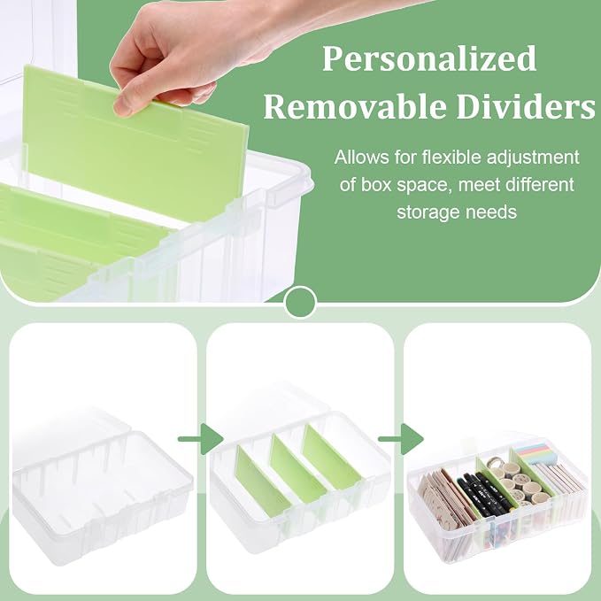BTSKY Clear Plastic Dividing Storage Box with 4 Compartments Sewing Box | 13.3x8.1x3.4 Inches Adjustable Storage Bin with Lid Plastic Craft Storage Container Multipurpose Art Supply Organizer Green - Image 4
