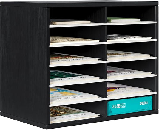 Countertop Mail Sorter Organizer, Wooden Literature Organizer, Student Mailbox for Classroom, Desktop Bill Organizer for Office Home School, 12 Compartments, Black&White by PAG