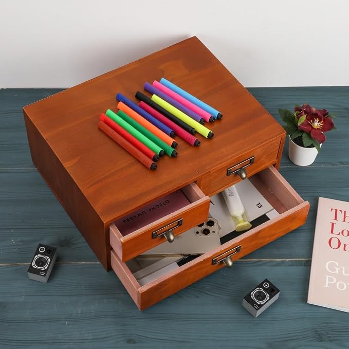 Wooden Drawers Apothecary Cabinet Brown Wood Desktop Organizer Box | Vintage Wooden Storage Box for Apothecary Drawers, Countertop Organizer with Drawer for Library Card Catalog Cabinet - Image 4