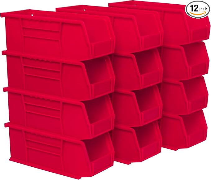 Akro-Mils 30224 AkroBins Plastic Storage Bins, 11"x 4"x 4", Red, 12-Pack | Space-Saving Stackable Bins for Garage, Pantry, Craft Organization by Akro-Mils