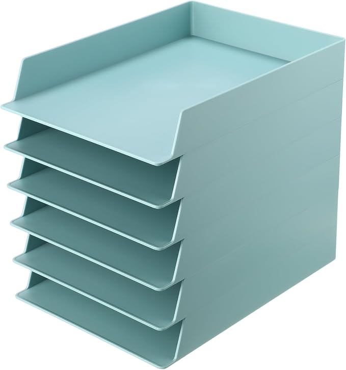 Tatuo 6 Pack Stackable Paper Trays Plastic Letter Tray Desk Organizer Paper Holder Organizer Storage Office Desk Accessories for Classroom Magazine File Documents 12.8 x 9.45 x 1.97, Blue Green by Tatuo
