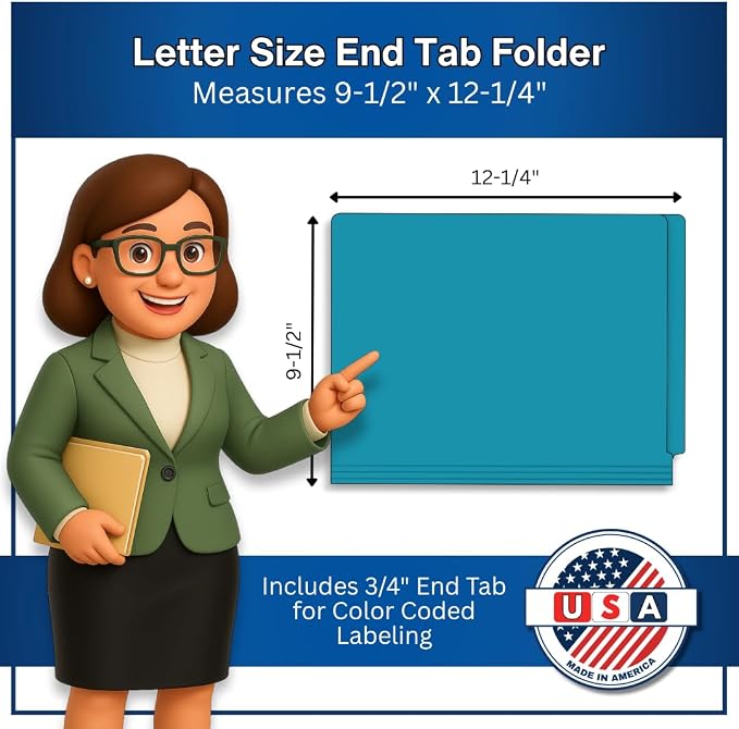 Teal File Folders, Doctor Stuff, Letter Size Reinforced End Tab Folder with 2" Bonded Fastener on Inside Back, 14 pt Stock, Box of 50 - Image 2