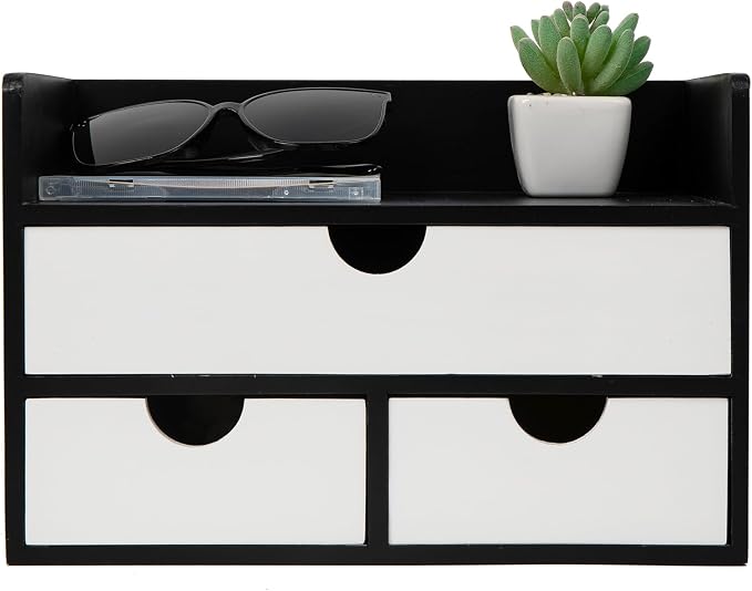 Rustic Wood Desk Organizer with Drawers,3-Drawer Desktop Storage Box | Two-Tone Black & White‌ 3 Drawers Shelf Pens, Notes, Makeup, Jewelry & Toiletries for Office, Bath Vanity Office Supplies - Image 5