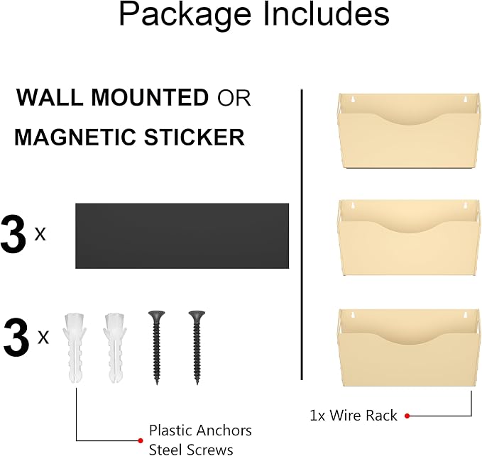 3-Pocket Magnetic File Holder - Wall Mount Mail Organizer (Gold) - Image 5