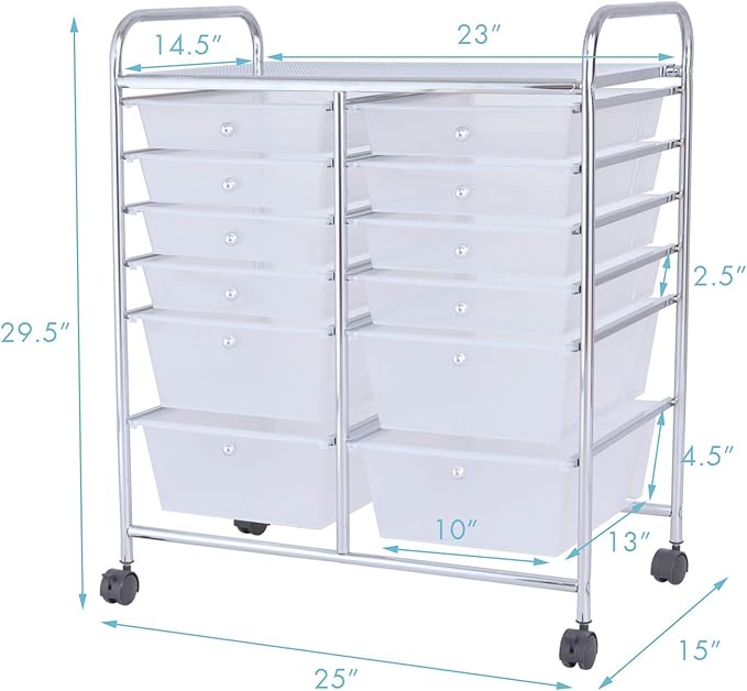 GOFLAME 12-Drawer Rolling Storage Cart, Multipurpose Organizer Cart with 2 Sizes Plastic Drawers, Mobile Utility Cart with Lockable Casters for School, Home Office, Beauty Salon, Clear - Image 3