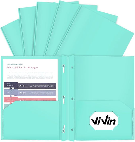 ViVin 12-Pack Pastel Color Folders - Durable Plastic Folders with 2 Pockets and 3-Prong Fasteners, Cute for School, Home and Office (Light Green) by ViVin