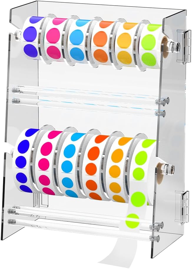Label Dispenser 12 Disks Acrylic Sticker Dispenser Label Roll Holder(Clear) | Multi-Use Adjustable Double-Layer Sticker Holder Organizer, Stable Desktop Sticker Stand Label Holders for Home Office by Derkerry