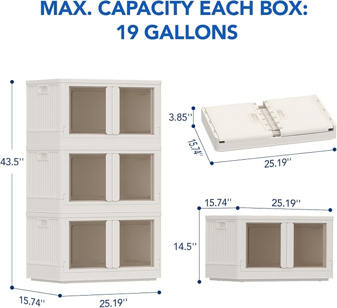 FLEXIMOUNTS 228 QT Stackable Plastic Storage Bins With Lids, Milky White | Collapsible Foldable Storage Bins with Front Doors and Built-in Wheels, Organizers and Storage for Home, Dorm, 3 Pack Cubes - Image 7