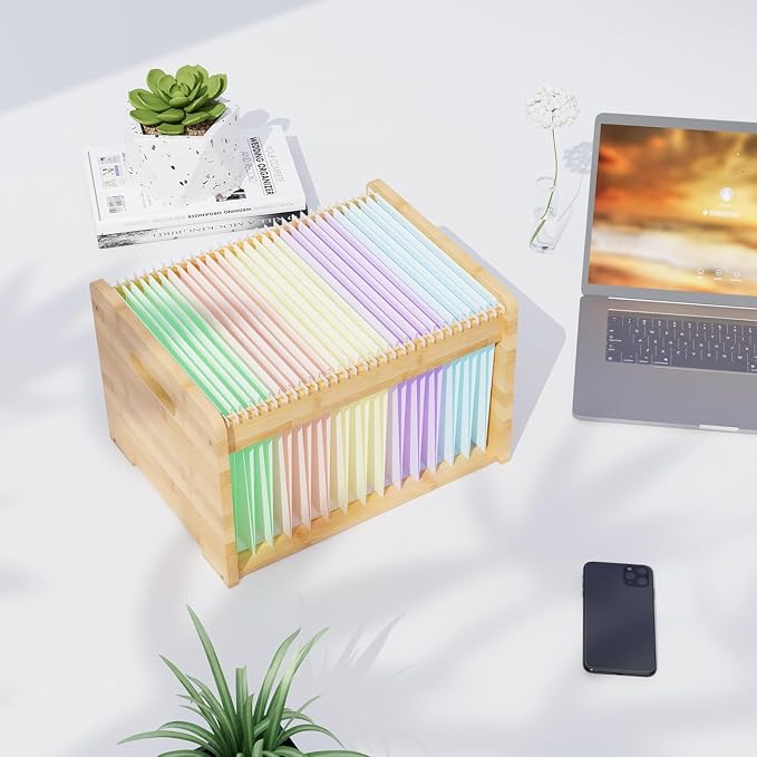 Bamboo Hanging File Organizer, Desktop File Box, Open Top, 2 Pack, Natural | Open-Top Access, 4 Hanging Folders Included, Letter & Legal Files, Sliding Rails, Reinforced Handles, Easy Assembly - Image 3