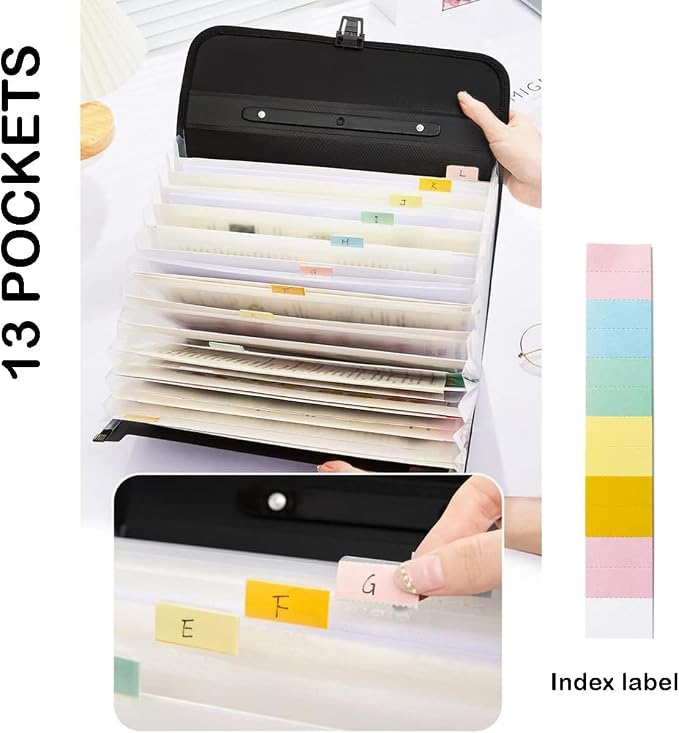 12 Pockets Letter Size/A4 Accordion File Organizer with Handle, TRANBO Expanding File Folder, Portable Paper Organizer, Expandable Plastic Document Organizer for Travel School Office - Black - Image 2